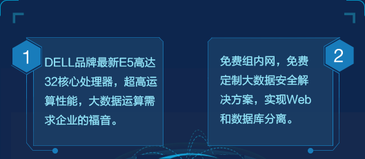 DELL品牌最新E5高达32核心处理器，超高运算性能，大数据运算性能，大数据运算需求；免费组内网，免费定制大数据安全解决方案，实现Web和数据库分离。